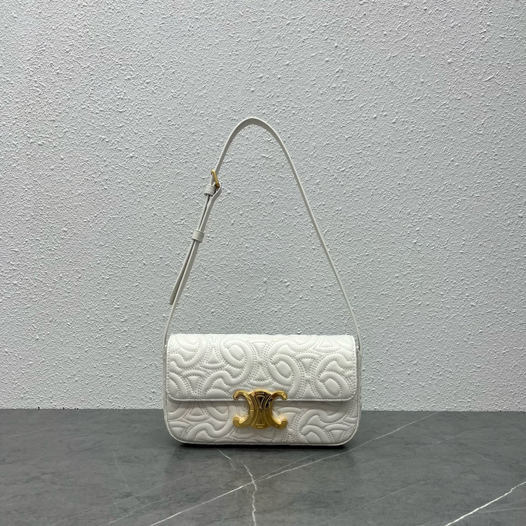 Celine Shoulder Bag Claude In Triomphe Embroidery Calfskin White/Gold 194143